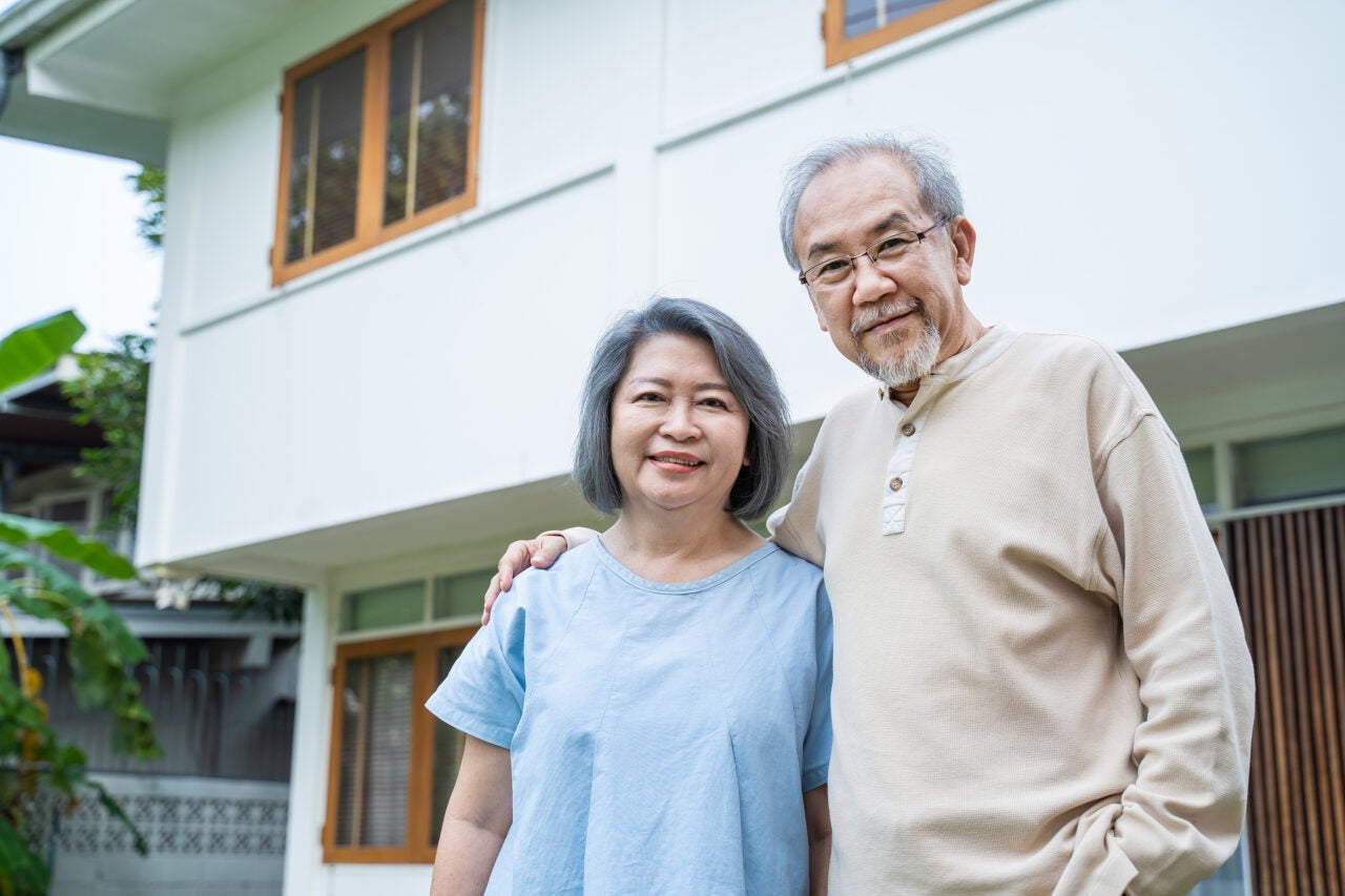 Portrait Of Asian Happy Senior Elderly Couple Standing outdoors.