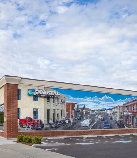 Coastal Community Bank Arlington branch with mural of historic downtown painted on South wall