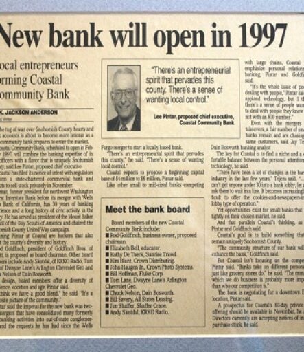 Coastal Community Bank newspaper clipping announcing formation of Bank